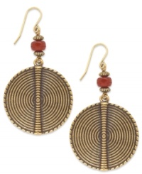 Get the drop on modern style with these earrings from Lauren Ralph Lauren. Textured discs are strung from fish wire accented with brown beads. Crafted in gold tone mixed metal. Approximate drop: 1 inches. Approximate diameter: 1-1/4 inches.