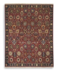 A long runner that is ideal for hallways and entryways. Evoking the charm of a country manor, the Cambridge rug features a floral and vine motif in a color palette that includes indigo, ivory, caramel, terra cotta and soft blues and greens against a rich red ground. Each color is specially dyed to achieve subtle shadings for a gentle antique finish. Woven in the USA of New Zealand premium worsted wool for indulgent softness.