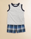 Crafted in plush cotton, this handsome man's little set is mad for plaid shorts and topped with a contrasting trimmed knit.CrewneckSleevelessPullover styleElastic waistCottonMachine washImported