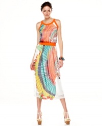 Make a colorful statement in Nine West's tribally inspired printed dress, adorned with a fanned, feather-like motif and emboldened with bright, solid ribbed trim at the neck and waist.