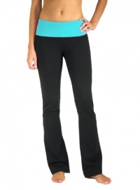 5021-AQ-S-31 Flared leg, fold over waistband yoga pants Size: Small (0-4) - 31 inch inseam (regular) Color: Aqua waistband / black pant