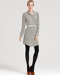 Slim tonal stripes neutralize this silk-spun Theory dress, accompanied by a complementary belt for a flattering cinched silhouette.