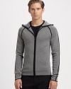 A refined take on the classic hoodie, this warm, finespun wool style is accented with bold contrast detailing.Attached hoodZip frontContrast trimWoolHand washImported