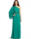 HALSTON HERITAGE Women's One Sleeve Pleated Gown with Beading, Emerald, 4