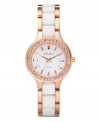 Paint a rosy picture of your day with this watch by DKNY on your wrist. Rose-gold-plated stainless steel bracelet with center links of white ceramic and round case. Bezel embellished with clear crystal accents. White dial features rose-gold tone stick indices, three hands and logo. Quartz movement. Water resistant to 50 meters. Two-year limited warranty.