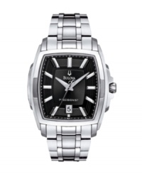 The modern man's dress watch: a classic shape with a richly textured dial. Precisionist by Bulova. Stainless steel bracelet and tonneau case. Multi-layered black dial features applied silver tone stick indices, date window at six o'clock, luminous hour and minute hand, continuously sweeping second hand and logo. Quartz movement. Water resistant to 30 meters. Three-year limited warranty.