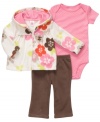 Gather these sweet prints for a precious outfit that will keep her comfy and cute with this 3-piece bodysuit, hoodie and pant set from Carter's.