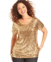 Let your style shine this season with Jones New York Signature's short sleeve plus size top, flaunting a sequined front!