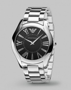 Ultimate sophistication for any gentleman in gleaming stainless steel with a black dial. Quartz movement Water resistant to 3 ATM Date function at 4 o'clock Second hand Stainless steel case: 43mm (1.69) Steel bracelet: 22mm (0.87) Deployment clasp Imported 