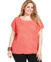 Ravishing ruffles add feminine flair to Elementz' short sleeve plus size top, showcasing a sequined finish.