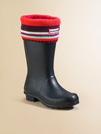 Knee-high fleece boot liners with striped cuffs and a patch logo will add a pop of pizazz to a rainy day.Slip-on styleSock: FleeceCuff: AcrylicMachine washImported