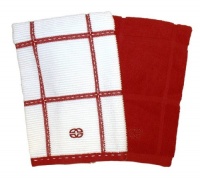 Calphalon 2-Piece Solid and Check Kitchen Towel Set, Tomato Red