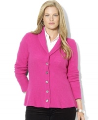 Lauren Ralph Lauren's soft knit plus size cardigan is crafted with a heritage shawl collar and elegant peplum hem for feminine style.