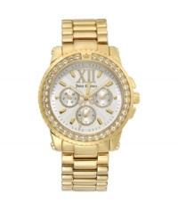 Lustworthy luxury. Get your paws on this glam Pedigree watch by Juicy Couture. Gold-plated stainless steel bracelet and round case. Bezel embellished with Swarovski crystals and iconic crown logo. Textured white dial features goldtone stick indices, crystal-accented Roman numeral at twelve o'clock, three crystal-accented subdials and luminous hands with just a touch of pink. Quartz movement. Water resistant to 30 meters. Two-year limited warranty.