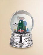 Cars revolve around a speedway beneath a flurry of shimmering glitter in this thoughtful keepsake piece for any child. Plays The Star Spandled Banner Silverplated metal/glass About 6½ high Wipe clean Imported 