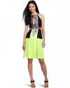 BCBGMAXAZRIA Women's Sahara Print Pleat Color Block Dress, Neon Yellow, 2