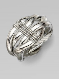 Interwoven bands of ribbed silvertone create a dramatic look, with a Swarovski crystal-set clasp.CrystalSilverplatedDiameter, about 2½Magnetic snap claspMade in Italy