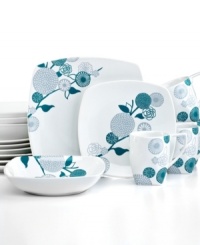 An abstract floral design set in turquoise lends a fun and whimsical element to your table in this Gia dinnerware set from 222 Fifth. Crafted of pure porcelain for everyday use.