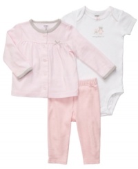 Dress her up with love in this adorable bodysuit, pant and cardigan 3-piece set from Carter's.