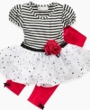 Fanciful flair is this tutu dress by Bonnie Baby with bright leggings with cute bows at the ankles. This dress will delight everyone with its contrast dotted tutu skirt, stripe top, and rose sash.