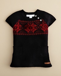 This sweet sweater dress if crafted in soft, wearable wool and adorned with a contrast fairisle print across the chest.