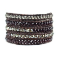 Chan Luu Burgundy Crystal Mix Wrap Bracelet on Natural Dark Brown Colored Leather