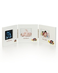 Elegantly display three adorable little images of your baby from belly to birthday. This three hinged frame set include openings for a sonogram, newborn, as well as first birthday photos. A little growing turtle shows the progression of your baby's growth alongside each memorable photo.