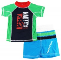 Nautica Infant Boys Green/Blue Print Rash Guard Swim Top/Shorts 2 Pc Set 121824M