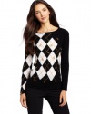 Minnie Rose Women's 100% Cashmere Long Sleeve Argyle Pullover, Black/White, Small