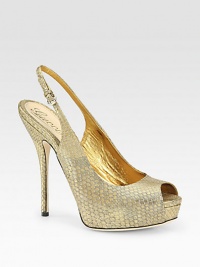 Open-toe platform design in lustrous metallic python with an adjustable slingback strap. Self-covered heel, 5½ (140mm)Covered platform, 1 (25mm)Compares to a 4½ heel (115mm)Metallic python upperLeather liningBuffed leather solePadded insoleMade in ItalyOUR FIT MODEL RECOMMENDS Ordering true to size 