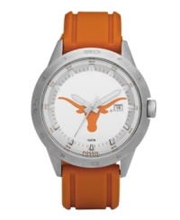 Show your University of Texas loyalty every second of the day with this signature team watch from Fossil. Orange polyurethane strap and round stainless steel case. Bezel etched with numerals and stick indices. White dial features large orange Longhorn logo, printed minute track and stick indices at outer ring, date window at three o'clock and luminous hands. Quartz movement. Water resistant to 100 meters. Eleven-year limited warranty.