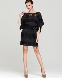 Sultry lace stripes lend allure to this modern Laundry by Shelli Segal dress--bold red lips make the perfect accessory.