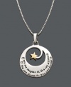 This inspirational necklace will remind you to always reach for the sky. A sterling silver pendant that features a unique cut-out circular design with a 14k gold-plated star accent. The words If you can imagine it, you can achieve. If you can dream it, you can become it are etched on the surface. Approximate length: 18 inches. Approximate drop: 1 inch.