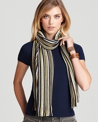 Aqua updates the classic striped scarf with pencil-thin lines and fringe in varying colors.