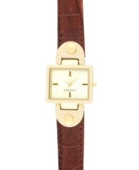 Crisp sophistication with feminine flair, by Nine West. Crafted of textured brown leather strap and square gold tone mixed metal case. Champagne dial features gold tone and black applied stick indices, gold tone hour and minute hands, sweeping second hand and logo at six o'clock. Quartz movement. Limited lifetime warranty.