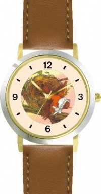 The Little Bird - from Mother Goose by Artist: Sylvia Long - WATCHBUDDY® DELUXE TWO-TONE THEME WATCH - Arabic Numbers - Brown Leather Strap-Size-Women's Size-Small