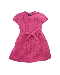 Preppy sweater dress in ultra-soft cabled cotton is accented with puffed sleeves and a self-tie belt.