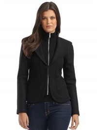 THE LOOKSoft felted wool with inner zippered knit layerDraped hoodBeautifully seamed for shapeWelted detailSingle hook-and-eye outer layer closeTHE FITAbout 22 from shoulder to hemTHE MATERIALFelted woolCARE & ORIGINHand wash or dry cleanImported