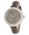 A charming and casual yet chic Bridgette watch from Fossil. Featuring a brown leather strap with contrast stitch. Two-tone stainless steel round case and round brown dial with logo, date window and numeral indices. Quartz movement. Water resistant to 100 meters. 11-year limited warranty.