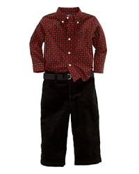 A preppy plaid shirt and a pair of soft corduroy pants create a handsome combination for your baby boy's outings.