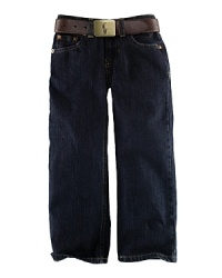 Slim-fitting jean rendered in a rugged dark wash with authentic denim detailing.