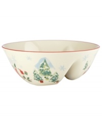 A holly motif drawn from the classic Holiday dinnerware pattern combined with colorful new depictions of the Christmas season makes this divided bowl by Lenox a festive addition to any table, as well as a beautiful gift.