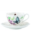 Spring is perpetually in season with whimsical Butterfly Meadow dinnerware. Dishes like these porcelain cup and saucer boast colorful blooms and butterflies that mingle on beautiful porcelain for a sweet, breezy scene that's made to mix and match.