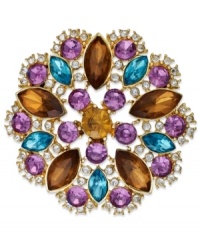 This golden pin from Charter Club creates a spectacle with colorful glass gems. Crafted in gold tone mixed metal. Approximate diameter: 1-3/4 inches.