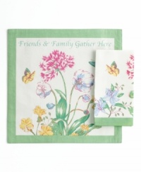 With a fresh spring feel and sunny outlook, the Butterfly Meadow Sentiments placemat from Lenox features blooms, butterflies and a heartfelt reminder – Friends & Family Gather Here – in crisp white cotton. (Clearance)