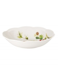 A season of entertaining and celebration will flourish with the Winter Meadow fruit bowl from Lenox. Red poinsettia and crisp holly bloom on ivory porcelain designed to complement the mix-and-match dinnerware collection.