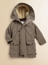 Triple the warmth and comfort, this 3-in-1 parka has a hooded, fuzzy-lined top layer, plenty of pockets and a drawstring waistband