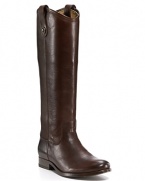 Sleek western style pull-on leather boots with button tab detail at top. Buttons decorate both sides with small logo detail. Round toe and 1 stacked heel. Leather lining and leather sole.