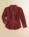 Crafted from ultra-soft brushed cotton, an adorable plaid shirt is given a girly update with pintuck detailing.Club collarLong sleeves with buttoned barrel cuffsButton-frontGathered and pintucked waistShirttail hemCottonMachine washImported Please note: Number of buttons may vary depending on size ordered. 