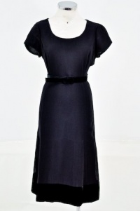 Jones of New York Black Cap Sleeve Scoop Neck Velvet Trimmed Dress with Belt